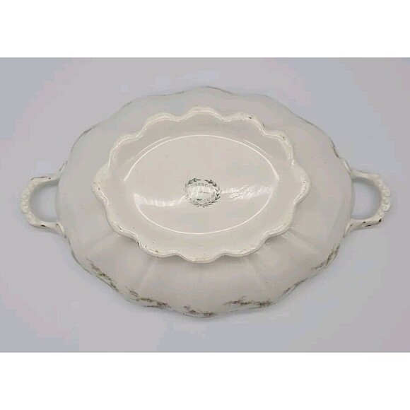 Vintage Dresden Semi Porcelain Two Handle Serving Bowl Rosesand Gold Trimmed - Picture 8 of 12